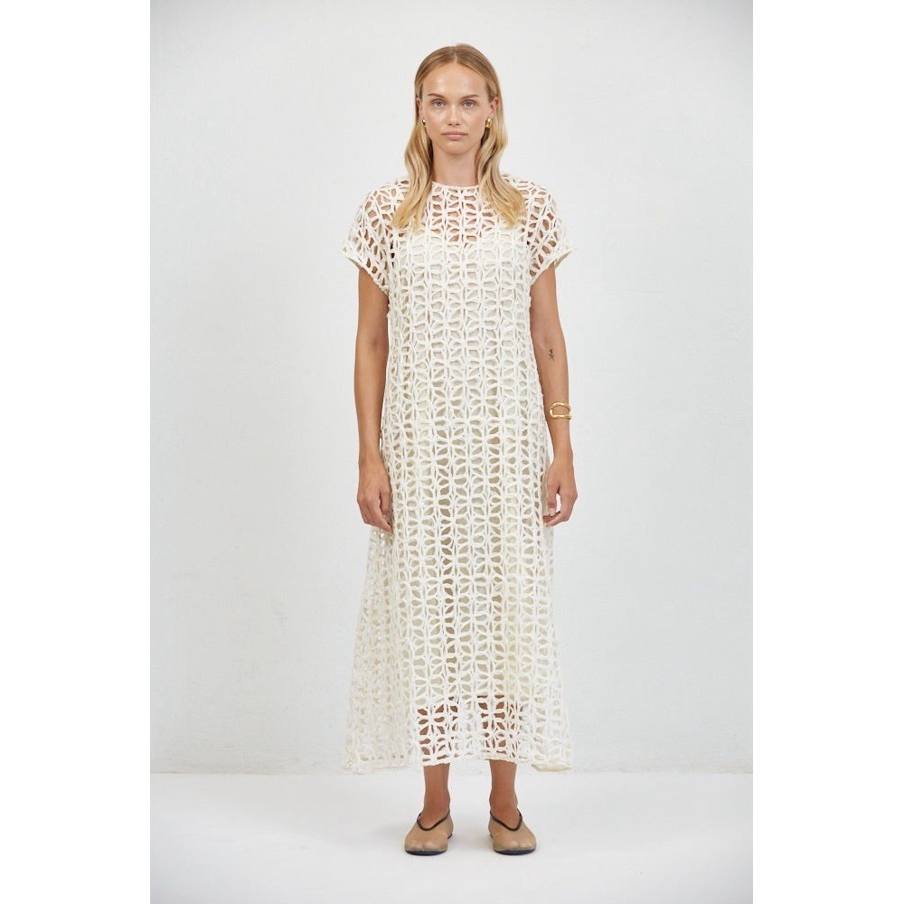 a.ren Annecy Dress Ivory Open Weave Design W/ Linen Slip Maxi Size Small EUC